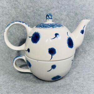 Hand Painted Herman Dodge & Son Stacking Teapot Sponge‎ Technique Blue White